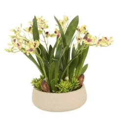ORCHID WITH SUCCULENT AND GRASS IN GREY PLANTER