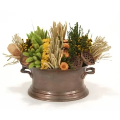 Pave Rows of Natural Grasses and Pods in Oval Vintage Copper with Handles
