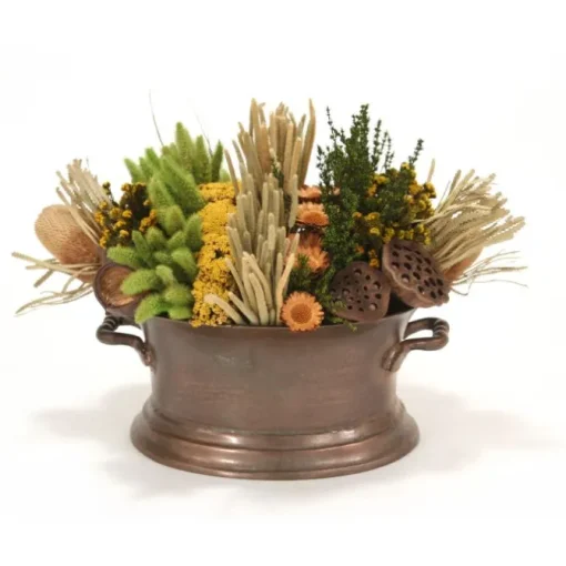 Pave Rows of Natural Grasses and Pods in Oval Vintage Copper with Handles