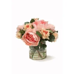 Peach Peonies with Peach Roses in Glass Cylinder