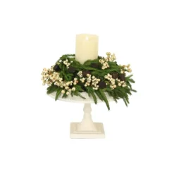 Pine, Berry and Pods on White Cake Plate with Candle