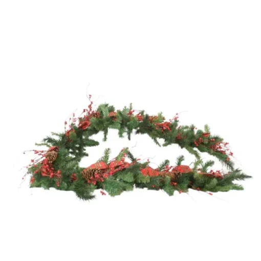 Pine Garland Decorated with Red Berries Pine Cones and Plaid Ribbon