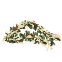 Pine Garland Decorated with Cream Berries Pine Cones and Tan Burlap Ribbon