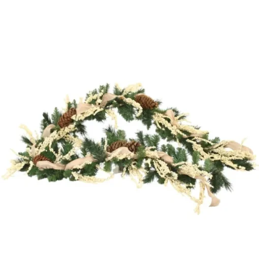 Pine Garland Decorated with Cream Berries Pine Cones and Tan Burlap Ribbon