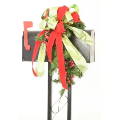 Pine Mailbox Decoration with Burgundy Berries and Christmas Mixed Ribbon