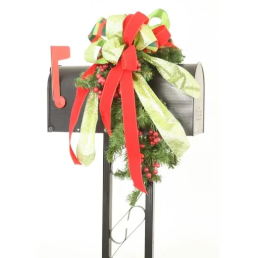 Pine Mailbox Decoration with Burgundy Berries and Christmas Mixed Ribbon