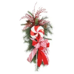 Pine Swag with Pine Cones and Red White Peppermint with Red Velvet Ribbon