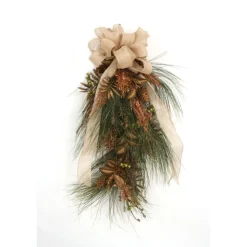 Pine Swag with Pine Cones, Gold Glittered Cypress, Green Berries Gold Leaves and Topped with a Gold Burlap Ribbon