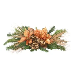 Pine Tablescape With Bronze Poinsettias And Ribbon