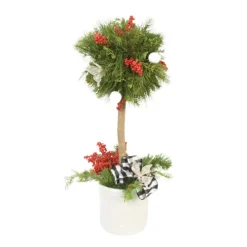 Pine Topiary with Accents of Red in White Planter