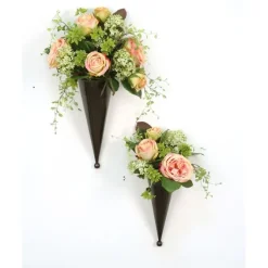 Pink and Green Floral Nosegays in Bronze Metal Cones (Set of 2) -Tabletop Or Wall Hanger