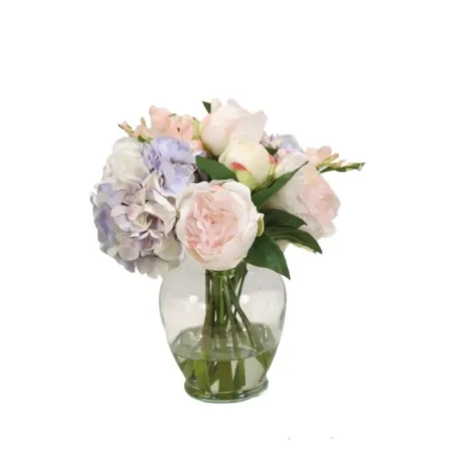 Pink and Lavender Mix of Peonies and Hydrangeas in Round Vase