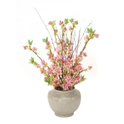 Pink Pear Blossom in White Crackle Pot