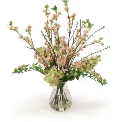 Pink Pear Blossom with Peegee Hydrangeas in Lg Rimmed Glass