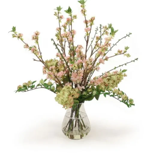 Pink Pear Blossom with Peegee Hydrangeas in Lg Rimmed Glass