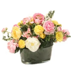 Pink Peonies with Yellow Ranunculas and Tulips Mixed in an Oval Glass Bowl for a Garden Mix Arrangement