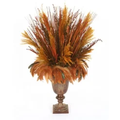 Plume Reeds, Aspen Gold Grasses, and Turkey Feathers in Ribbed Urn