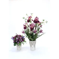 Purple Iris, Bottle Tulip and Cherry Blossom in An Ivory Stone Aged Pot (Set of 2)