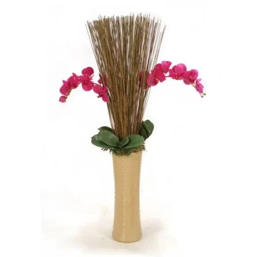 Purple Orchids with Marsh Reeds and Succulents in Nail Head Latte Brown Vase