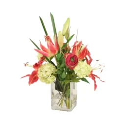 Ranunculas with Lily and Snowballs in Rectangle Vase