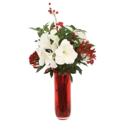Red Agapanthus with White Amaryllis in Red Glass Vase
