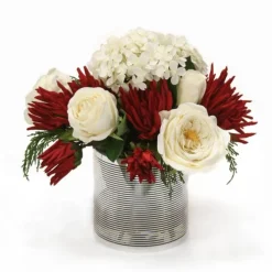 Red and White Garden Mix in Silver Vase