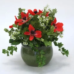 Red Anemone Arrangement in Green Planter