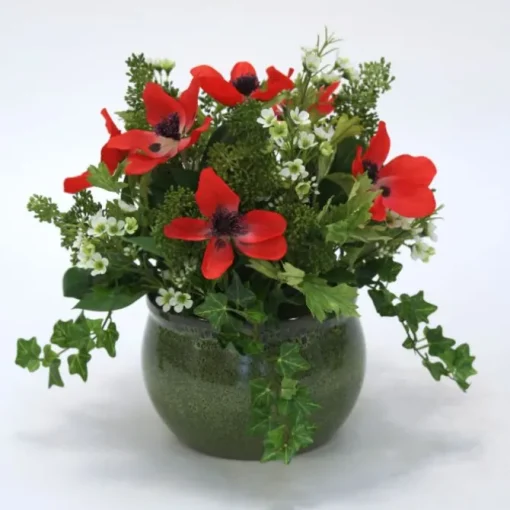 Red Anemone Arrangement in Green Planter
