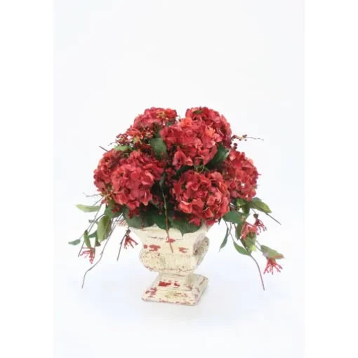 Red Hydrangeas, Curly Vines, Honeysuckle with Preserved in Red/Cream Crackled Urn