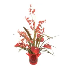 Red Oncidium Orchid with Red Antherium's in Red Vase