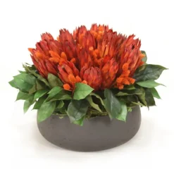 Red Repens Mixed with Phalaris and Foliage in Low Round Black Wash Planter