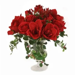 Red Roses with Red Amaryllis and Holly Mixed Agapanthus in Glass Urn