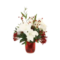 Red Tulip Vase with Agapanthus, Rosehips, Berries and Amaryllis