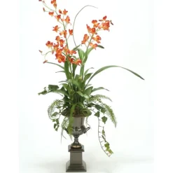 Red-Gold Cymbidium Orchids with Grass, Ivy and Fern in Bronze Trophy Urn