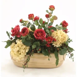 Roses, Hydrangeas and Berries in Tan Oval Lion Head Planter