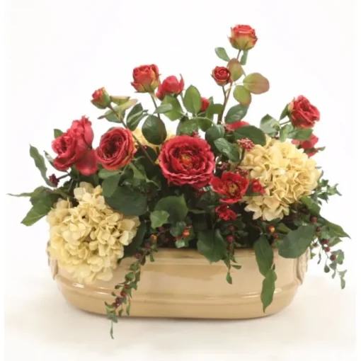 Roses, Hydrangeas and Berries in Tan Oval Lion Head Planter