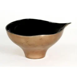 Round Lacquerware Bowl in Bronze Leaf Exterior Gloss and Black Interior