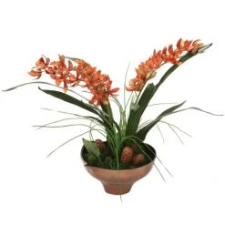 Rust Cymbidium Orchids in Gold and Black Bowl