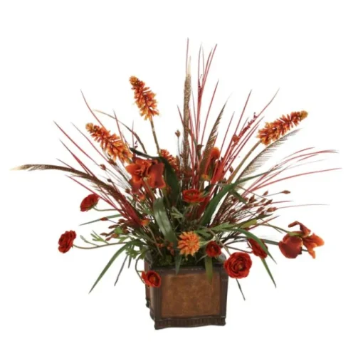 Rust Iris, Ranunculus and Red Hot Poker with Dried Grasses in Leather Chateau Planter