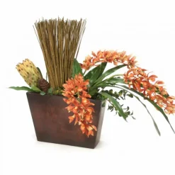 Rust Orchid with Protea and Reeds in Metal Wall Hanging