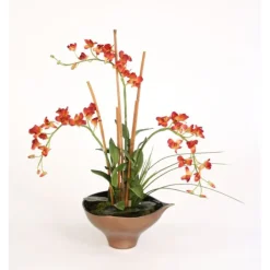 Rust Orchids, Arrorog and Tropical Foliage in Bronze Leaf Bowl