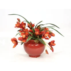 Rust Orchids with Maiden Hair Fern in Red Ceramic Planter