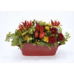 Rust Red, Gold and Green Floral in Oval Rust Planter
