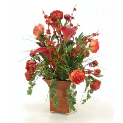 Rust Red Peonies, Calla Lillies, Ivy and Grass in a Large Square Tole Planter
