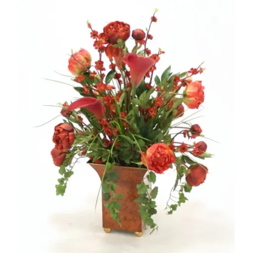 Rust Red Peonies, Calla Lillies, Ivy and Grass in a Large Square Tole Planter