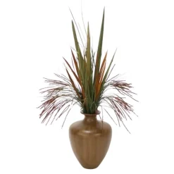 Seeded Grass and Blade Grasses in Brown Vase