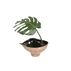 Single Philodendron Leaf with Black Rocks in Bronze-Finish Leaf Bowl