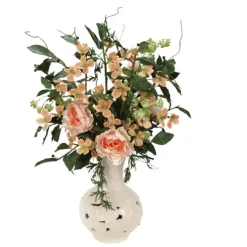 Soft Pink Dogwood with Hops in Pierced White Cloud Vase