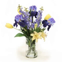 Spring Mix of Blue and Yellow Iris and Tulips in Glass Cylinder