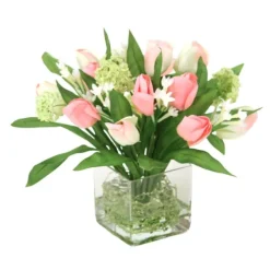 Spring Tulips Bundle with Snowballs in Small Square Vase